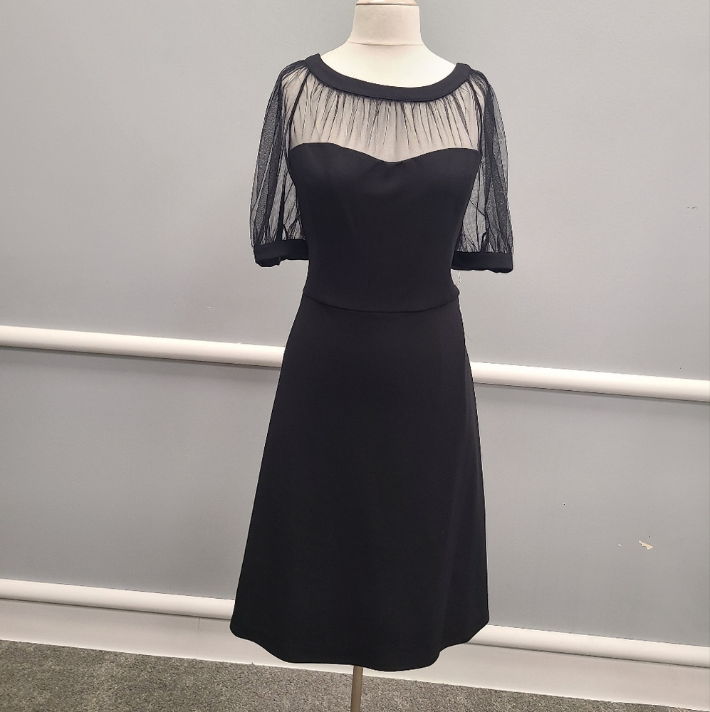 Maggy London  Lyra Black Midi Dress with Sheer  Puff Sleeves NWT Size 18